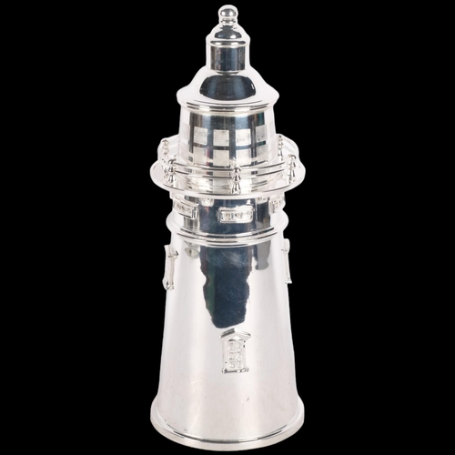 494 - A silver plated modern lighthouse design cocktail shaker, H34cm