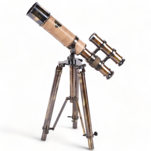 495 - A reproduction telescope on tripod folding base, telescope length 26cm