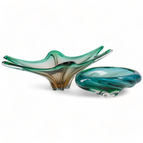 498 - A free-form green Art glass vase, L48cm, and a Bohemian glass bowl