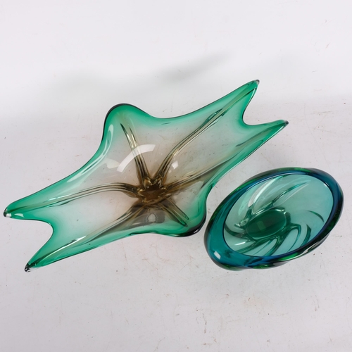 498 - A free-form green Art glass vase, L48cm, and a Bohemian glass bowl