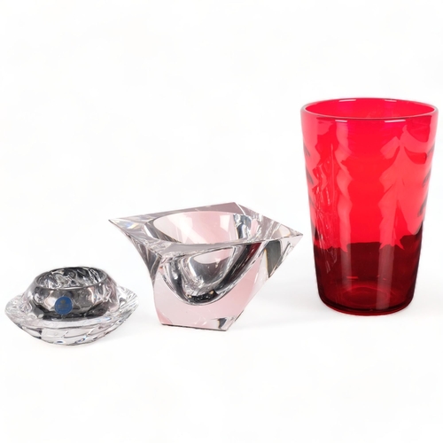 499 - A Whitefriars ruby glass vase, H19.5cm, a Royal Copenhagen glass candle holder, and a square glass p... 