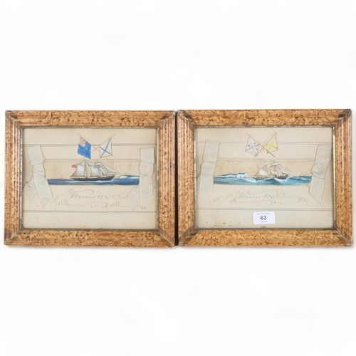 63 - Pair of 19th century watercolours on rectangular silk panel, study of the sailing ship Henrietta, 24... 