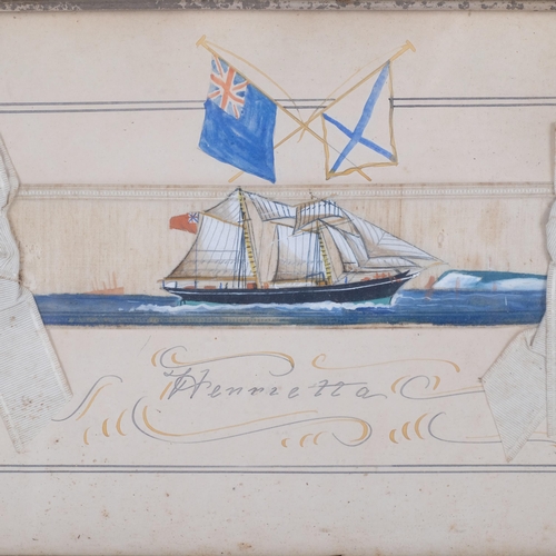 63 - Pair of 19th century watercolours on rectangular silk panel, study of the sailing ship Henrietta, 24... 