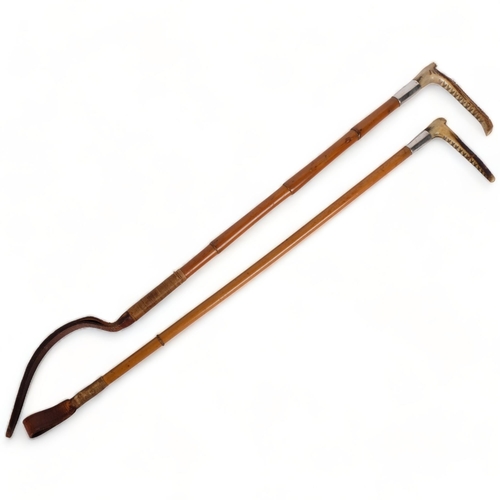 70 - An early 20th century Malacca and similar bamboo-shafted horn-handled riding crops with silver colla... 