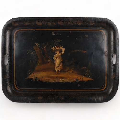 72 - A large Victorian Toleware 2-handled rectangular serving tray, the scene depicting 