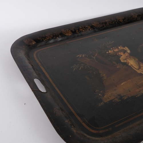 72 - A large Victorian Toleware 2-handled rectangular serving tray, the scene depicting 