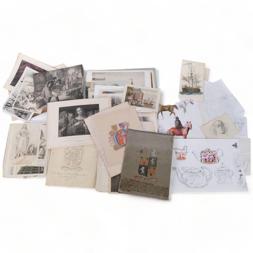 94 - A box of various Victorian prints and lithographs, and a quantity of 1950s/60s original drawings