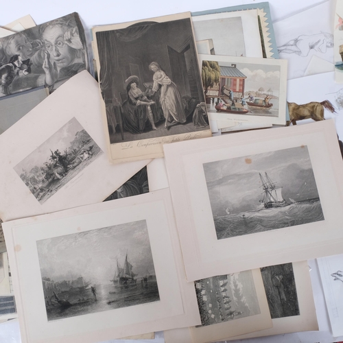 94 - A box of various Victorian prints and lithographs, and a quantity of 1950s/60s original drawings