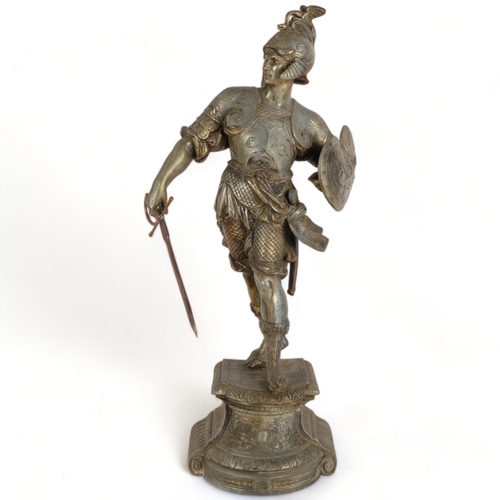 507 - A Continental patinated spelter figure of a Roman Gladiator, on plinth, 58cm