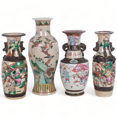 515 - A pair of Japanese crackle glaze vases, with warrior decoration, 24cm, and 2 other Satsuma vases