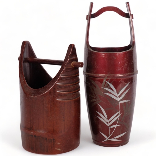 519 - An Oriental stained bamboo container, 22.5cm, and a small bucket with silver foliate decoration