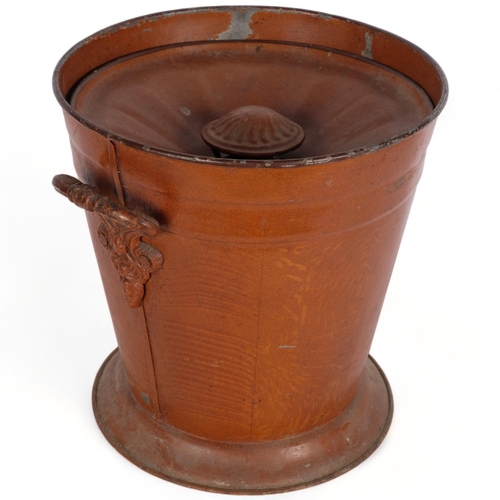 526 - Antique wood-effect metal slop bucket and cover, with cast-iron handles, marked Perp & Co, H29cm