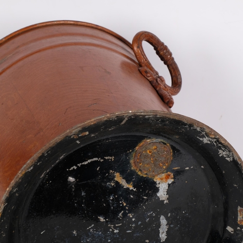 526 - Antique wood-effect metal slop bucket and cover, with cast-iron handles, marked Perp & Co, H29cm