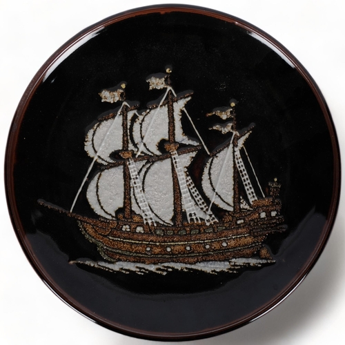 539 - A Japanese embossed and glazed stoneware study of a galleon, 34cm, in lidded pine box