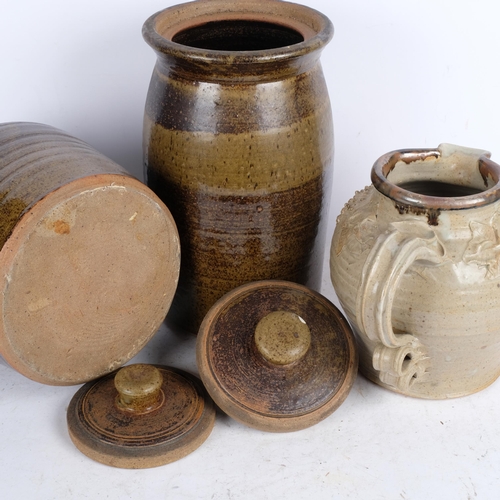 547 - 2 glazed stoneware pots and covers, tallest 36cm, and a jug with moulded grapevine decoration