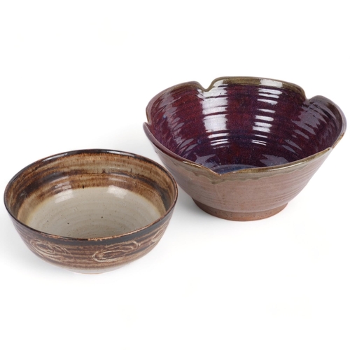 548 - A glazed Milland Studio pottery bowl, and a larger signed bowl with shaped rim, 31.5cm across