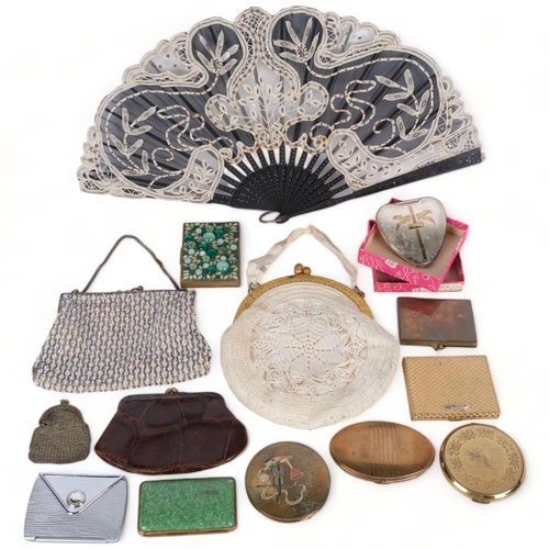 554 - Evening purses, Vintage compacts, fan with lacework screen, etc