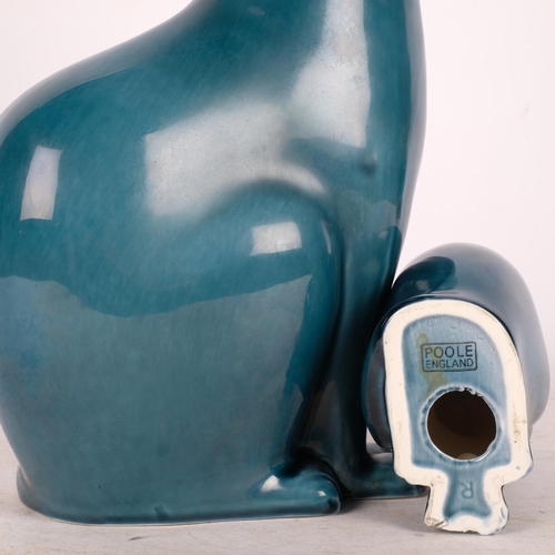 555 - 2 Poole Pottery blue glazed Siamese cats, tallest 29.5cm, chip to ear