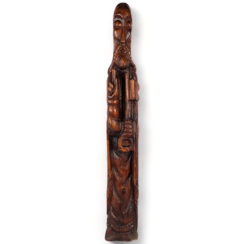 566 - Tall carved wood figure with key, possibly St Peter, 90cm