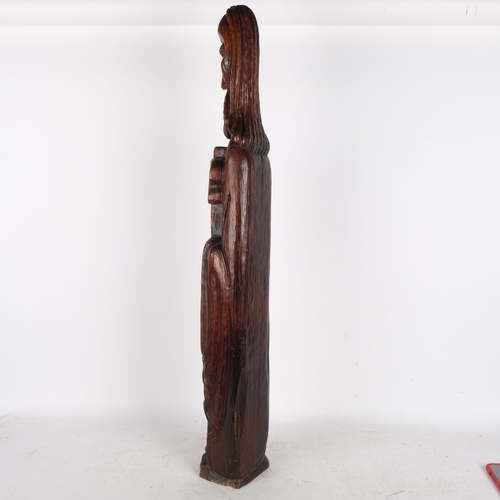 566 - Tall carved wood figure with key, possibly St Peter, 90cm