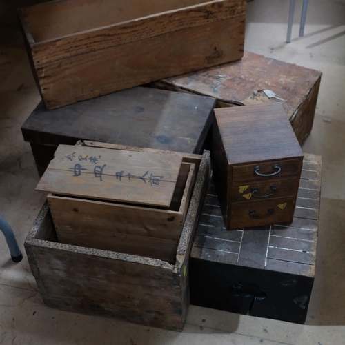 572 - A group of Oriental wooden boxes and containers, largest length 64cm, height 23cm, depth 26cm