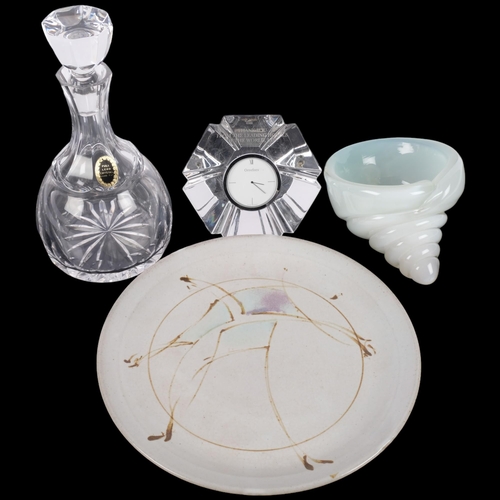 593 - An Orrefors glass clock, a crystal decanter and stopper, 25cm, and a shell design glass vase (cracke... 