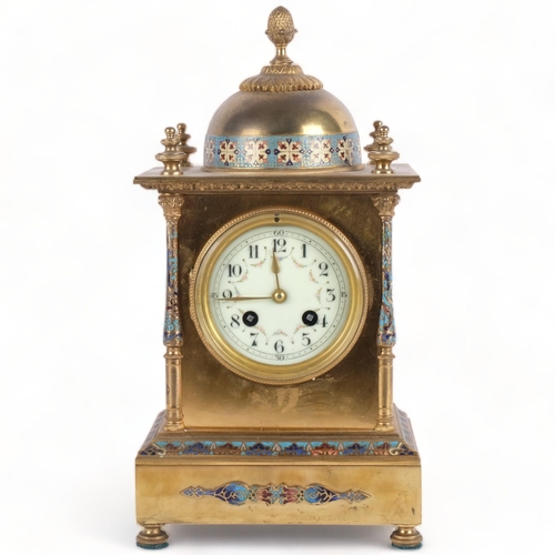 604 - A lovely champleve French mantel clock, 8-day movement, H34cm, missing key and pendulum