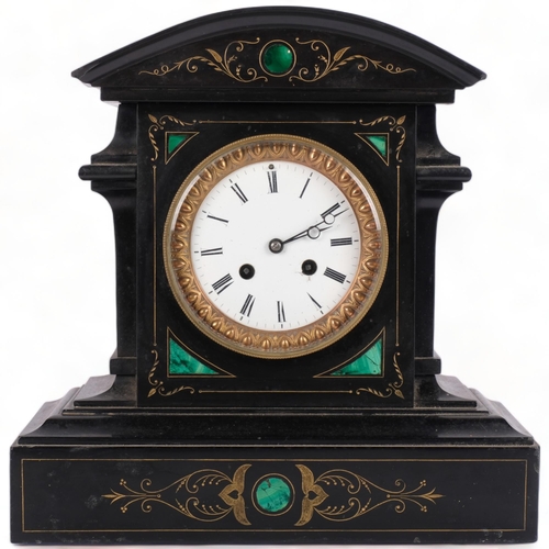 607 - A Victorian marble slate clock, with green malachite insets, H31.5cm, pendulum present but no key