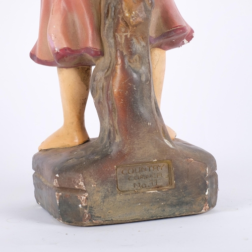 608 - A Vintage plaster figure of a girl with a dog in a basket, stamped to the rear 