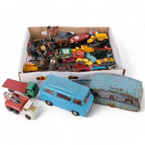 628 - A quantity of various Matchbox, Dinky, Mettoy diecast vehicles and lead toys and accessories