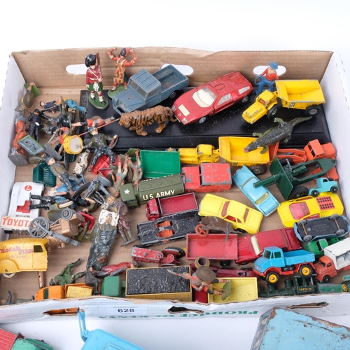 628 - A quantity of various Matchbox, Dinky, Mettoy diecast vehicles and lead toys and accessories