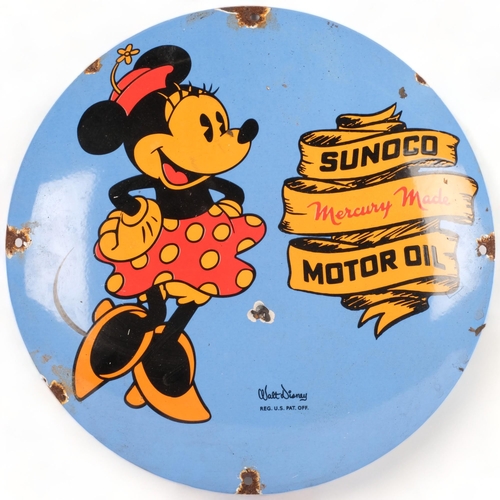 629 - A reproduction circular enamel sign, Sunoco Motor Oil, with Minnie Mouse caricature, diameter 30cm