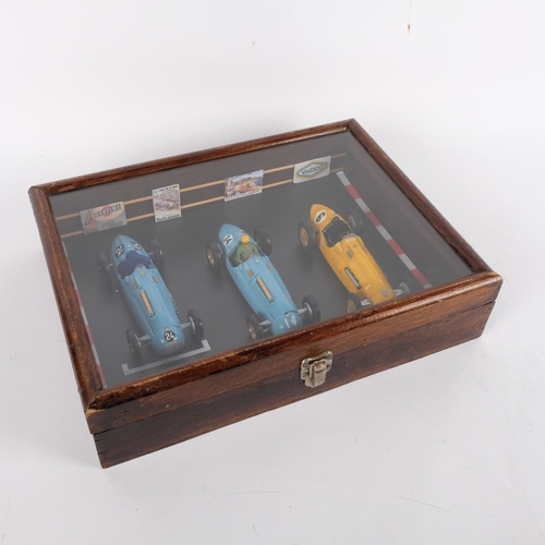 635 - A table-top display case, containing 3  “Merit”  plastic 1:24 scale model Talbot-Lago Grand Prix rac... 