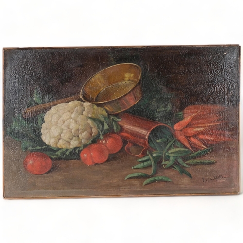 656 - A pair of Antique unframed oils on canvas, still life cauliflower and copper pans, and fruit and jug... 