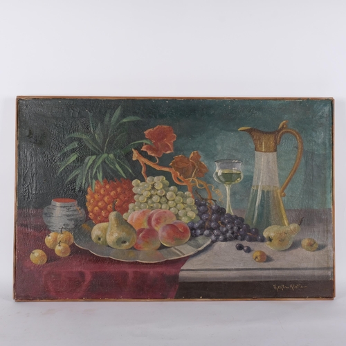 656 - A pair of Antique unframed oils on canvas, still life cauliflower and copper pans, and fruit and jug... 