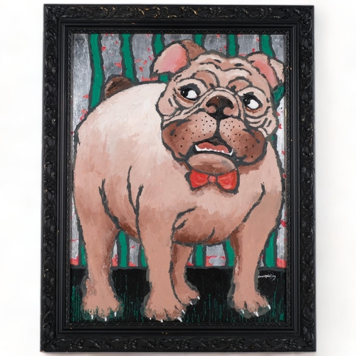 660 - Carol Madison, acrylics on board, study of an English Bulldog, in embossed frame, 68cm x 53.5cm