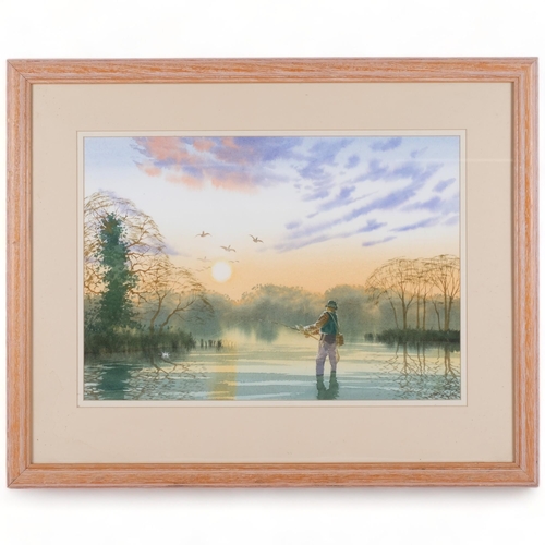 663 - Watercolour, angler and birds on a sunlit lake, indistinctly signed, framed, 52cm x 65cm overall