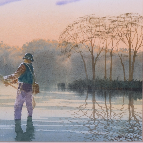 663 - Watercolour, angler and birds on a sunlit lake, indistinctly signed, framed, 52cm x 65cm overall