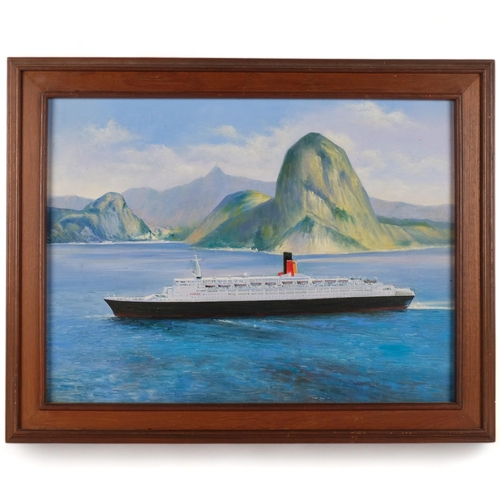 664 - Oil on canvas, Cunard liner, framed, 56cm x 70cm