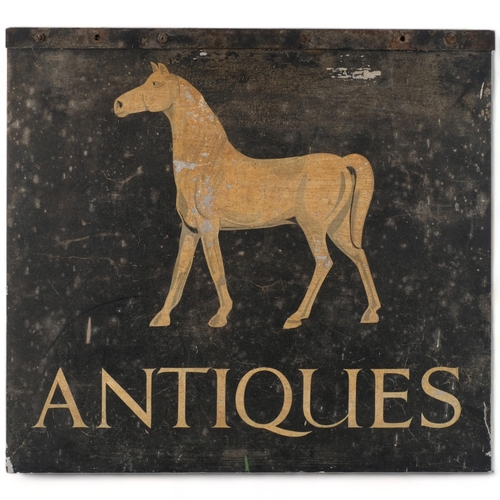 666 - A double-sided painted metal Antiques sign, each side depicting a horse, 56cm x 60cm