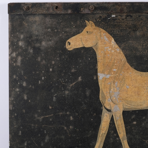 666 - A double-sided painted metal Antiques sign, each side depicting a horse, 56cm x 60cm