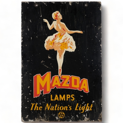 667 - Vintage double-sided printed metal sign, advertising Mazda Lamps, illustrated by a dancing girl, 61c... 