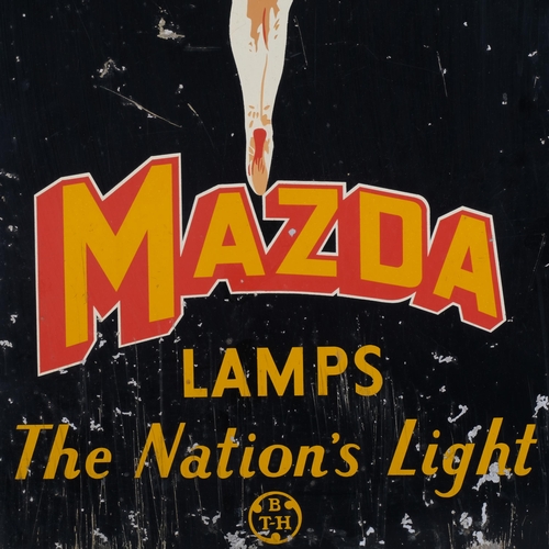 667 - Vintage double-sided printed metal sign, advertising Mazda Lamps, illustrated by a dancing girl, 61c... 