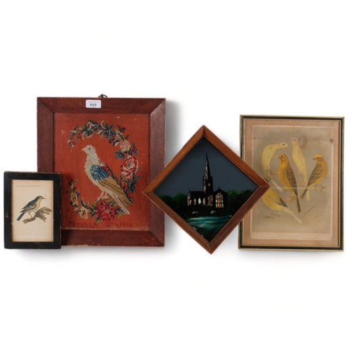 669 - 2 framed bird prints, study of a church finished with glitter, and a framed wool study of a bird, by... 