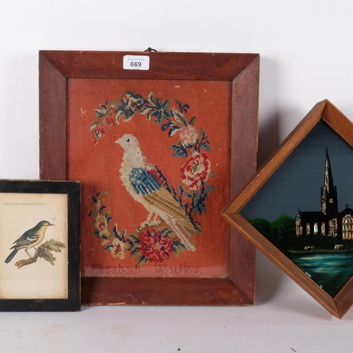 669 - 2 framed bird prints, study of a church finished with glitter, and a framed wool study of a bird, by... 