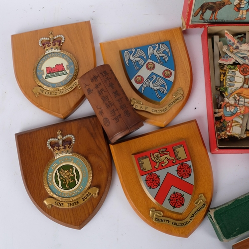 685 - RAF shields mounted on wooden plaques, Japanese pot, boxed Spear's Tiny Town Theatre, etc