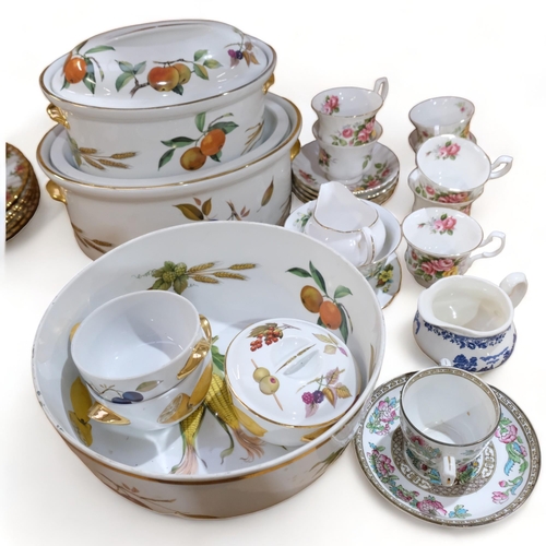 688 - Royal Worcester Evesham pattern casserole dishes, various teaware, including Tuscan and Royal Albert