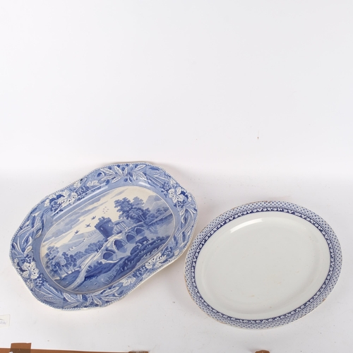 696 - A Victorian Copeland blue and white transfer printed meat dish, with bridge design, 51.5cm, and vari... 