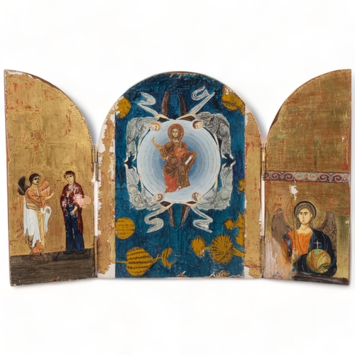 708 - A religious triptych, depicting various angels, possibly Jesus surrounded by 4 angels in the centre ... 