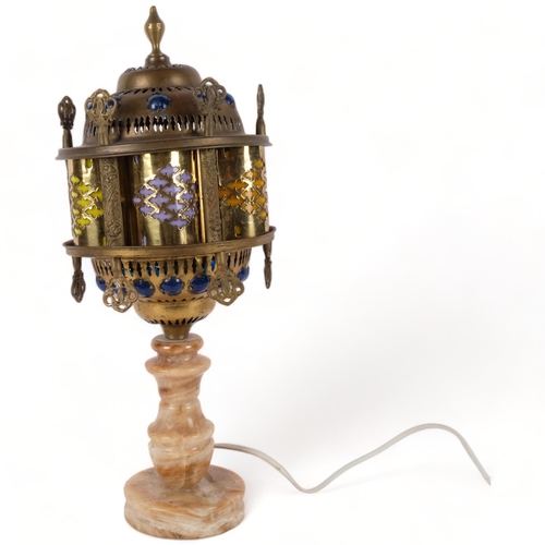 722 - A lovely Moroccan table lamp, with an onyx base, and decorative copper carousel shade, with multiple... 